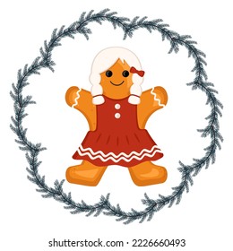 Gingerbread man, decoration for new year, Christmas and holidays in fir tree frame. Character for winter card and design. Vector flat illustration