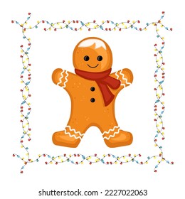 Gingerbread man, decoration for new year, Christmas and holidays in frame of garland with light bulbs. Vector flat illustration