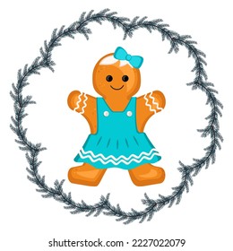 Gingerbread man, decoration for new year, Christmas and holidays in fir tree frame. Character for winter card and design. Vector flat illustration
