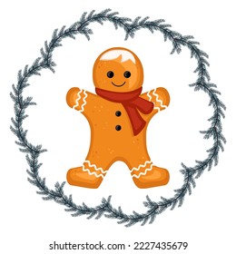 Gingerbread man, decoration for new year, Christmas and holidays in fir tree frame. Character for winter card and design. Vector flat illustration