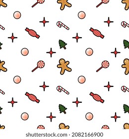 gingerbread man, decorative ball, candy, star, sweet, Christmas tree seamless pattern background. Perfect for winter holiday fabric, giftwrap, scrapbook, greeting cards design projects.