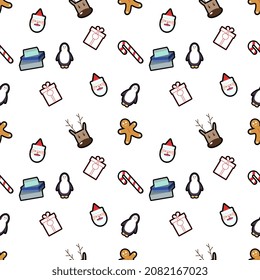 gingerbread man, deer head, gift box, penguin, candy cane, present box, Santa head seamless pattern background. Perfect for winter holiday fabric, giftwrap, scrapbook, greeting cards design projects.