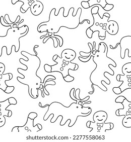 Gingerbread Man and Deer in outline doodle style. Christmas and New Year cookie. Vector seamless pattern isolated on white background.
