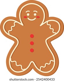 Gingerbread man delight illustration, simple design and warm colors a classic gingerbread man cookie, complete with a cheerful smile, rosy cheeks, and icing details