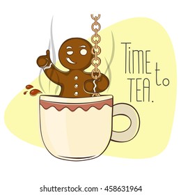 Gingerbread man descends into a cup of hot tea.Cartoon illustration.