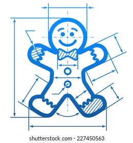 Gingerbread man with dimension lines. Element of blueprint drawing in shape of holiday cookie. Vector illustration for new year's day, christmas, decoration, winter holiday, design, silvester, etc