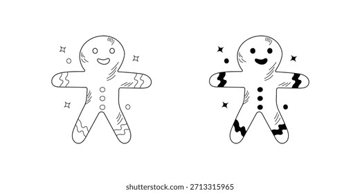 Gingerbread Man doodle set icon with white background vector stock illustration