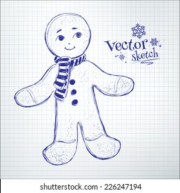 Gingerbread man drawn on checkered paper. Vector illustration. isolated.