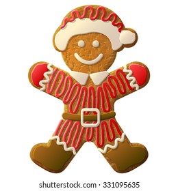 Gingerbread Man Dressed In Santa Claus Suit. Holiday Cookie In Shape Of Man Decorated Colored Icing. Vector Illustration