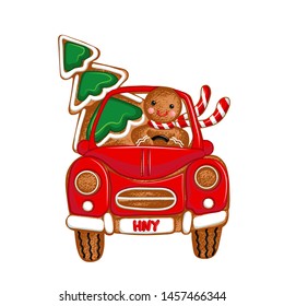 
   
Gingerbread Man driver,  Christmas car and Christmas tree.Vector illustration of holiday baking. Christmas collection.