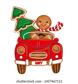 
   
Gingerbread Man driver,  Christmas car and Christmas tree.Vector illustration of holiday baking. Christmas collection.