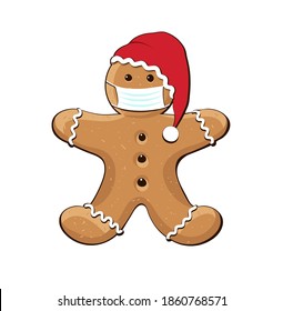 Gingerbread man with face mask,
Christmas baking in the pandemic time,
Vector illustration isolated on white background
