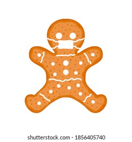 Gingerbread man in face mask. Covid-19 winter holidays concept.  Cute chocolate cookies in man shape. Pandemic Christmas gingerbread cartoon symbol. Vector illustration isolated on white.