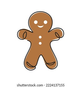 Gingerbread Man. Festive biscuit or cookie drawn in one line. Symbol of Christmas and New Year. Vector illustration isolated on white background