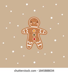 Gingerbread man in flat cartoon style. Christmas vector illustration. New Year decorative element