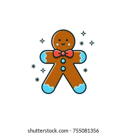 Gingerbread man flat color line icon on isolated background. Vector illustration of bisquit for seasonal holidays. Christmas character design - ginger bread cookie with smiley face. 