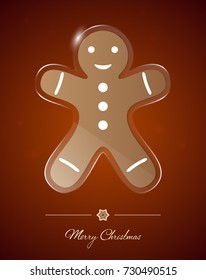 Gingerbread man flat design decoration on transparent glass badge, Christmas greetings card