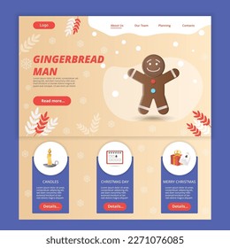 Gingerbread man flat landing page website template. Candles, christmas day, merry christmas. Web banner with header, content and footer. Vector illustration.