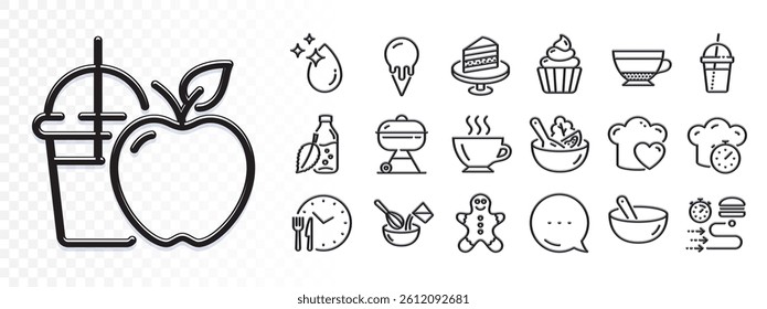Gingerbread man, Food delivery and Cooking timer line icons for web app. Glare of light effect. Message icon. Pack of Ice cream, Grill, Love cooking pictogram icons. Vector