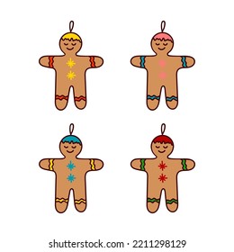 Gingerbread man. Four cute hand drawn doodle figures. Merry Christmas and Happy New Year set. Cartoon design elements. Colorful outline icons.