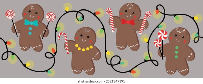 Gingerbread man with garland Christmas border. Horizontal vector illustration for winter holidays. 