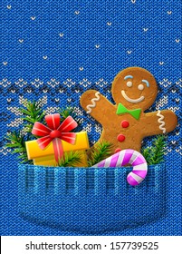 Gingerbread man, gift, candy cane in knitted pocket. Jumper fragment with Christmas symbols and pattern. Vector image for new year's day, christmas, winter holiday, new year's eve, silvester, etc