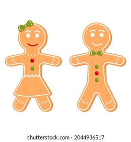 Gingerbread man and girl character, Christmas cookie. Cartoon vector illustration isolated on white background