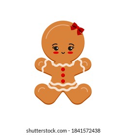 Gingerbread man girl christmas cookie icon isolated on white background. Cute xmas ginger bread vector flat design illustration. Cartoon biscuit dessert with decotarion - happy holiday winter treat.