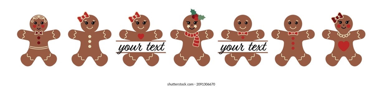 Gingerbread man Gingerbread girl Christmas cookies split monogram Personalised Holidays name frame Gingerman