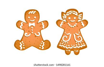 Gingerbread man and girl isolated on white background. Icons of traditional Christmas homemade cookie. Winter holidays, family or tale concept. Vector EPS 10  illustration.