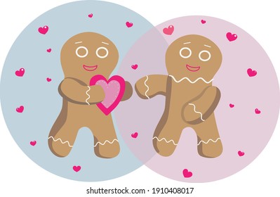 The gingerbread man gives a heart for Valentine's Day. Vector graphics. Background Isolated pink-blue.