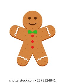 Gingerbread man with green butterfly tie and red buttons. Xmas biscuit isolated on white background. Classic Christmas cookies. Cute ginger bread character in flat cartoon design. Vector illustration.