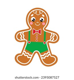 Gingerbread man in green pants. Christmas cookies in cartoon flat style. Cute Xmas classical biscuits. Isolated vector illustration on a white background. Perfect for Xmas and New Year holiday design.
