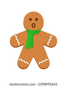 Gingerbread man with green scarf. Classic Christmas cookies. Cute ginger bread character in flat cartoon design. Xmas biscuit isolated on white background. Vector illustration.