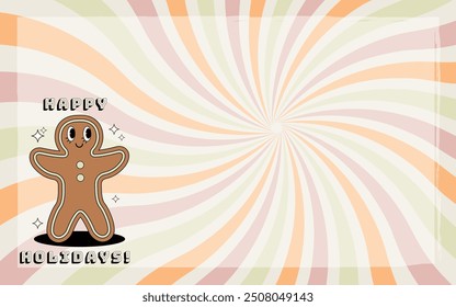 Gingerbread man groovy card. Vector illustration in trendy retro style. Abstract background. Happy holidays 2024