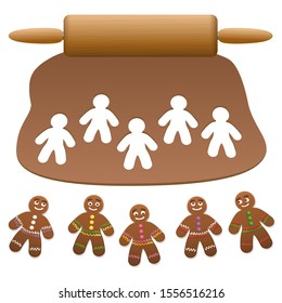 Gingerbread man group. Lebkuchen dough with wooden rolling pin and cut out gingerbread cookies. Isolated vector illustration on white background.

