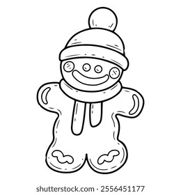 Gingerbread man hand drawn doodle. Holiday baking. Sweets decorated with icing. Symbol of Merry Christmas. Cookies, pastries. Santa hat. Event celebration. Vector line art illustration.