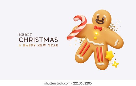 Hombre de pan de jengibre con sonrisa feliz, bastón de caramelo y estrellas doradas confetti. Antecedentes de Navidad y Año Nuevo. Brillante composición navideña. Diseño realista de dibujos animados en 3d. ilustración vectorial