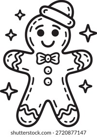 O homem de gengibre com um chapéu e gravata borboleta é cercado por estrelas em um fundo branco com um simples contorno preto.