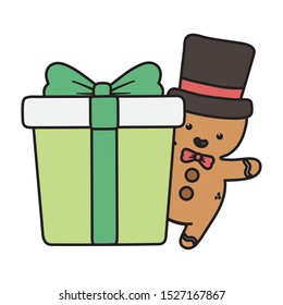 gingerbread man with hat and gift decoration merry christmas vector illustration