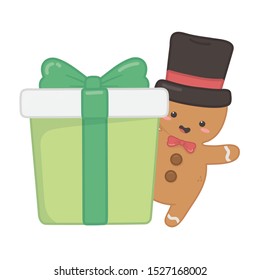 gingerbread man with hat and gift decoration merry christmas vector illustration