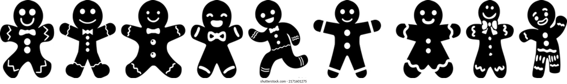 Gingerbread Man Holiday Biscuit Or Cookie Flat Vector Icons , Christmas Vector Icon Set, Background, Black, Isolated, Gingerbread Man Silhouette
