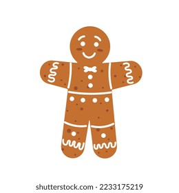 Gingerbread man holiday biscuit or cookie. Flat cartoon color vector icon.