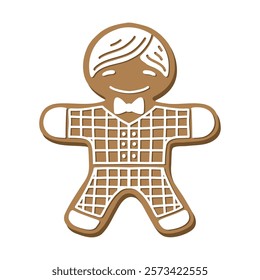 Gingerbread man holiday cookie. Flat vector illustration in brown and white colors