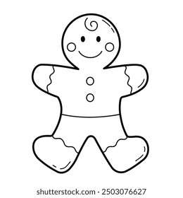 Gingerbread man holiday cookie. Outline illustration, isolated on white background. 