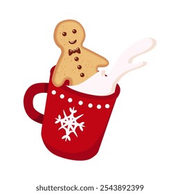 Gingerbread man in a holiday mug. Vector cute illustration.