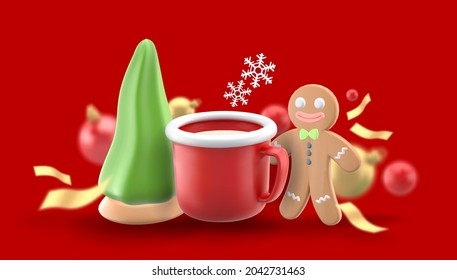 Gingerbread man and hot cocoa mug surrounded by Christmas tree cookies and gift boxes on a red background.
