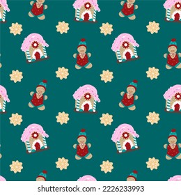 Gingerbread man, house seamless pattern. Christmas cookies repeat print for wallpaper, wrapping paper, textile, fabric