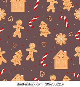 Gingerbread man, house, tree and candy seamless pattern on brown background. Holiday decoration, vector illustration