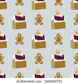 Gingerbread man and houses seamless pattern on blue background. Flat style illustration. Greeting card, poster, design element. Vector